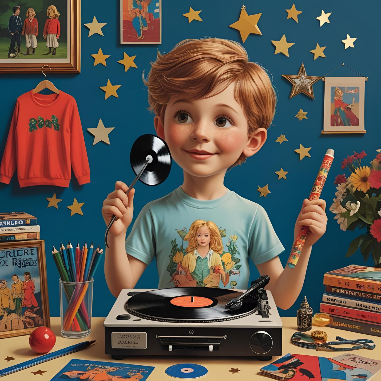 Un bambino sorridente in piedi accanto a un giradischi, mentre tiene un disco in una mano e un flauto nell'altra. Sullo sfondo, una parete blu decorata con stelle e fotografie, e diversi oggetti colorati come matite e libri.