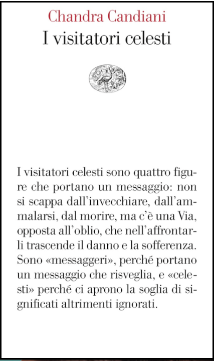 Copertina del libro 'I visitatori celesti' di Chandra Candiani, che esplora temi come invecchiamento, malattia e morte attraverso un messaggio di accettazione e consapevolezza.