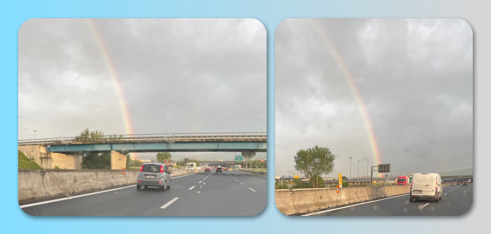 Un arcobaleno visibile sopra l'autostrada con veicoli in movimento, sfondo nuvoloso.