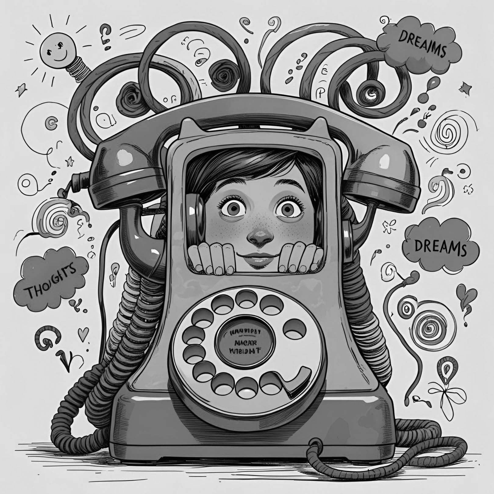 Illustrazione in bianco e nero di una ragazza che guarda curiosa dal ricevitore di un telefono vintage, circondata da elementi decorativi come spirali e nuvole con i testi 'thoughts' e 'dreams'.