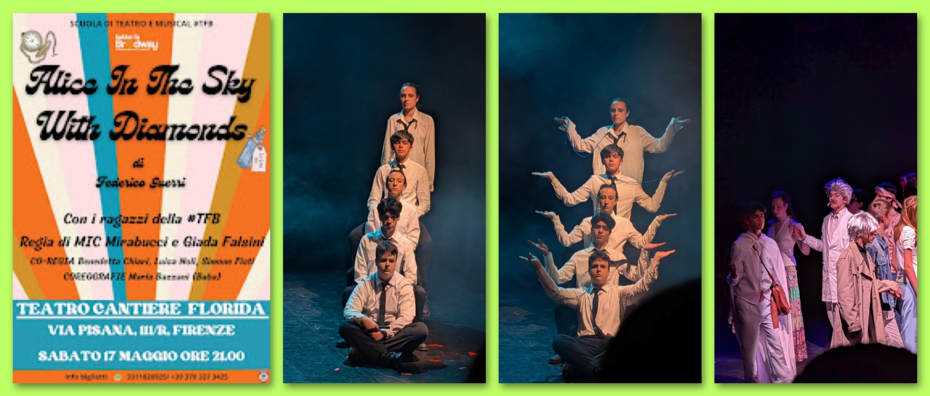 Poster del musical 'Alice In The Sky With Diamonds' con dettagli dello spettacolo e attori in scena.